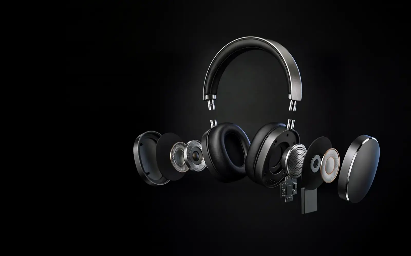 The circuit board and battery lowered beneath the headphones